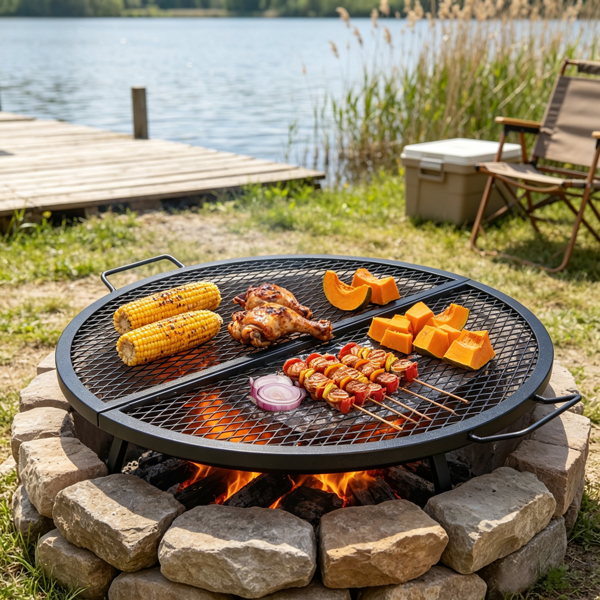 36 Inch Foldable Round Cooking Grate, with Handle & X Wire Support, Portable Campfire BBQ Grill Grid, Black