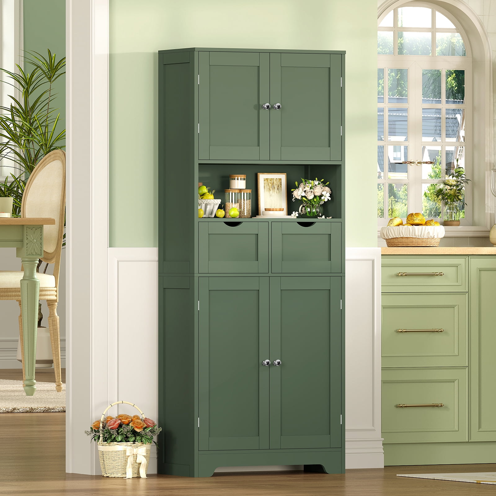 57.8" H Tall Bathroom Storage Cabinet with 2 Drawers & 2 Adjustable Shelves, Floor Cabinet with 4 Doors, Tall Cabinet for Living Room, Dining Room, Entryway, Forest Green