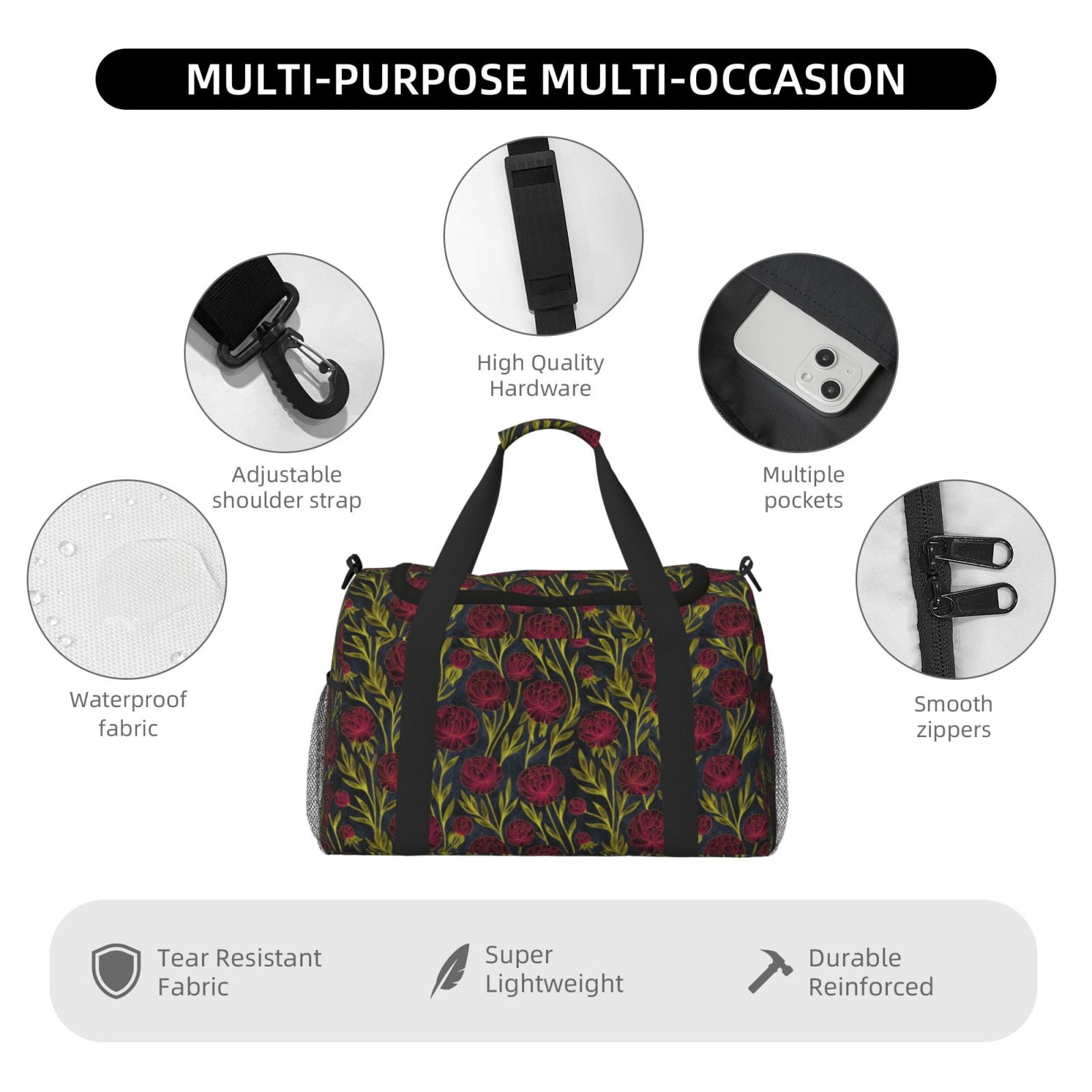 Fuzoiu Burgundy Peony Flowers Print Travel Duffle Bag,Carry On Tote Bags,Duffel Bag,Sport Gym Bag, Hospital Bag for Labor and Delivery, Overnight Bag,Luggage Bag