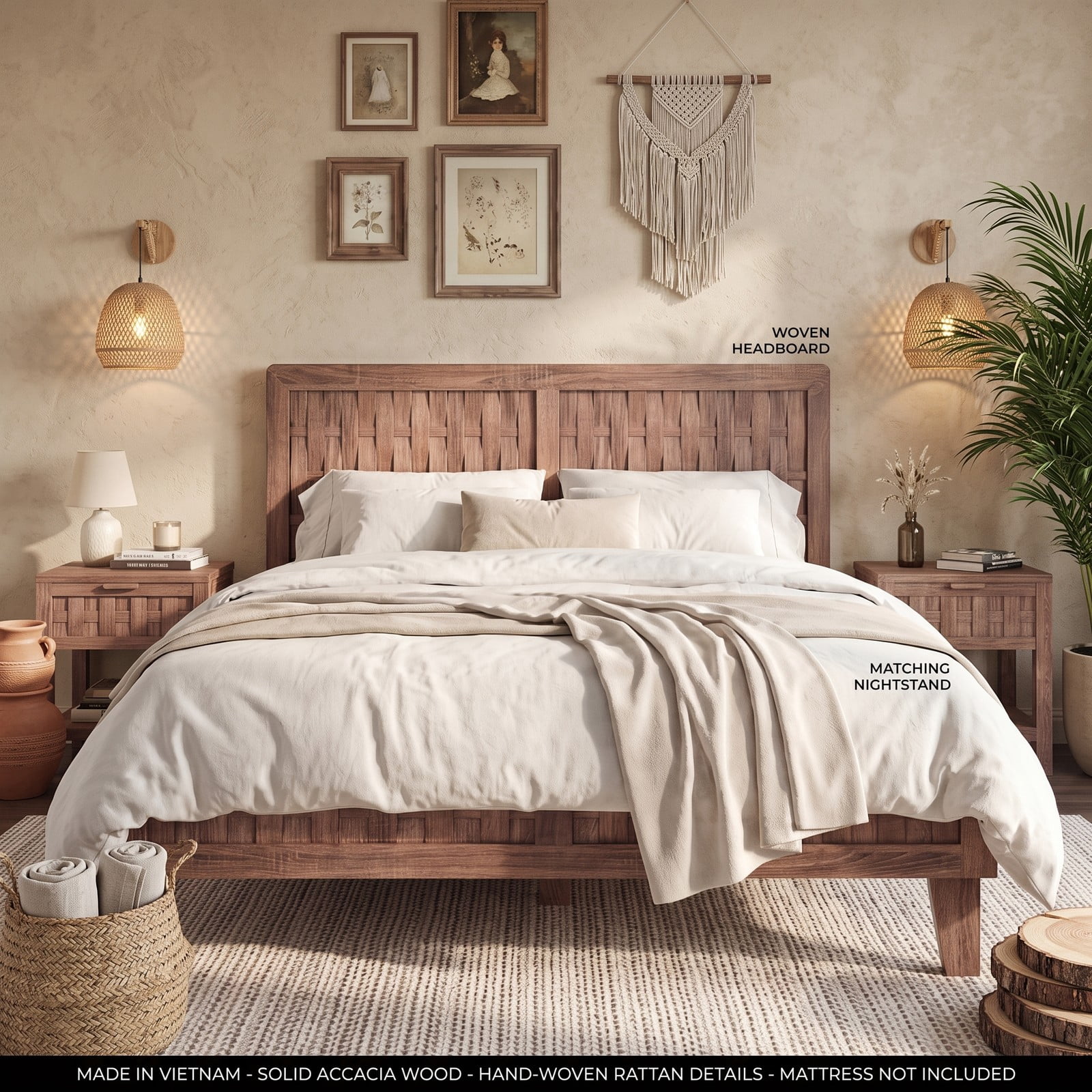 Furnibear Full Size Bed Frame Wood Platform Bed Frame with Woven Accent Headboard and Footboard and 12 Plywood Slats, Walnut