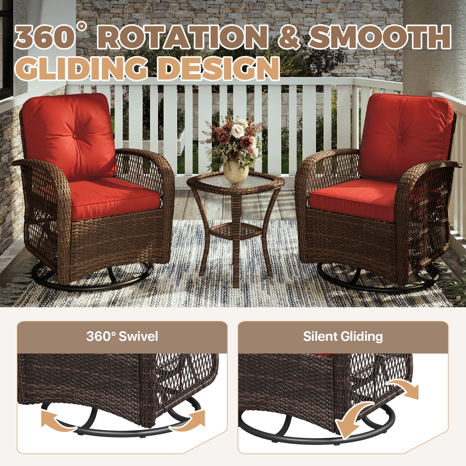 BaPiPro 3 Piece Red Outdoor Swivel Rocker Wicker Patio Furniture Set, All-Weather Resistant Rattan Conversation Set with Cushions & Tempered Glass Side Table for Porch, Deck, Backyard