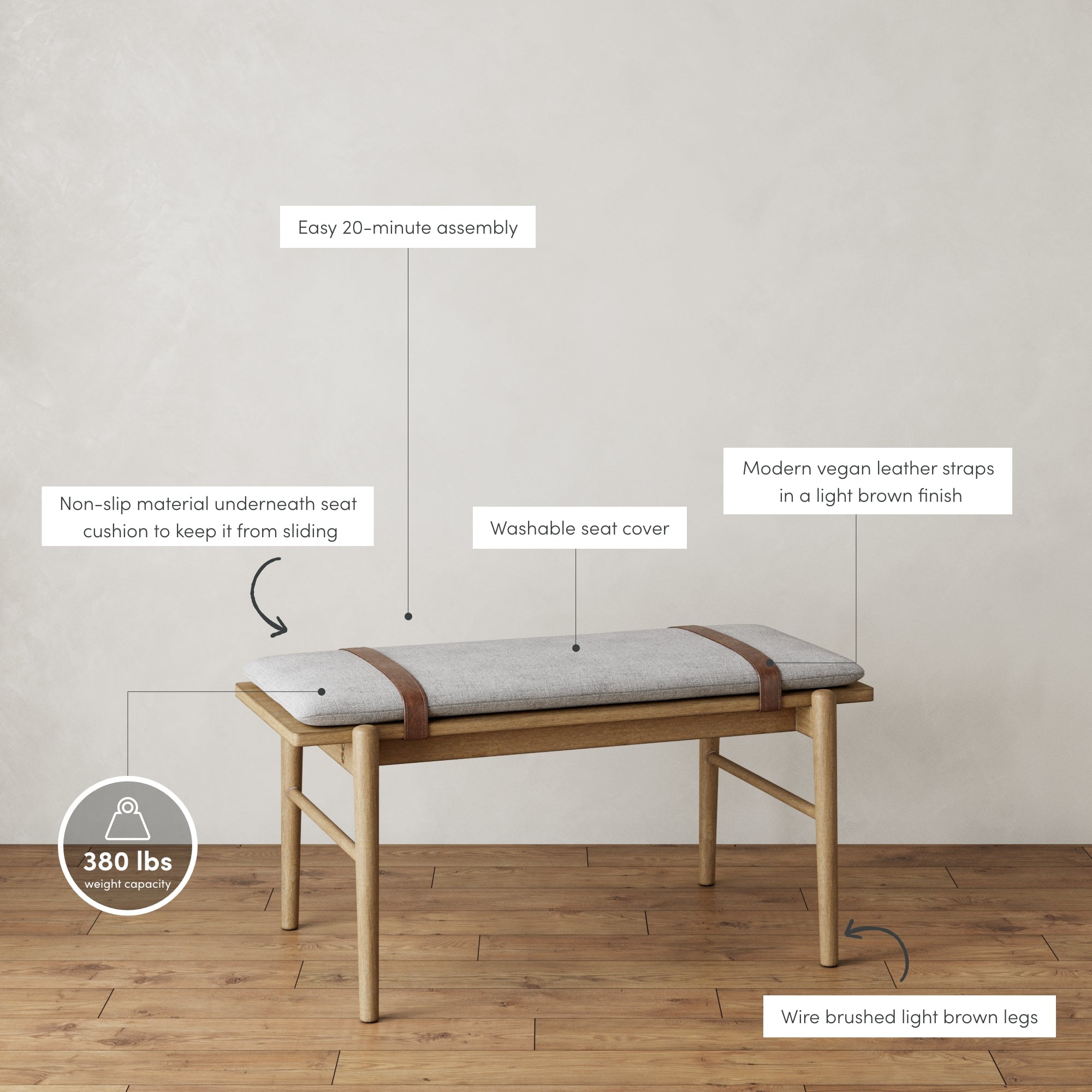 Nathan James Gugan Mid-Century Light Brown Bench with Removable Ivory Cushion for Bedroom and Hallway