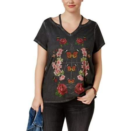 Lucky Brand Womens Plus Floral Cut Out Graphic T-Shirt