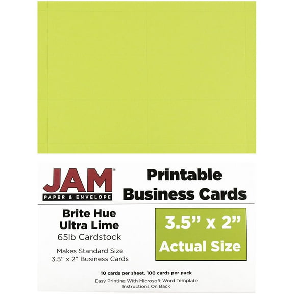 JAM Printable Business Cards, 3.5x2, 100/Pack, Lime Green
