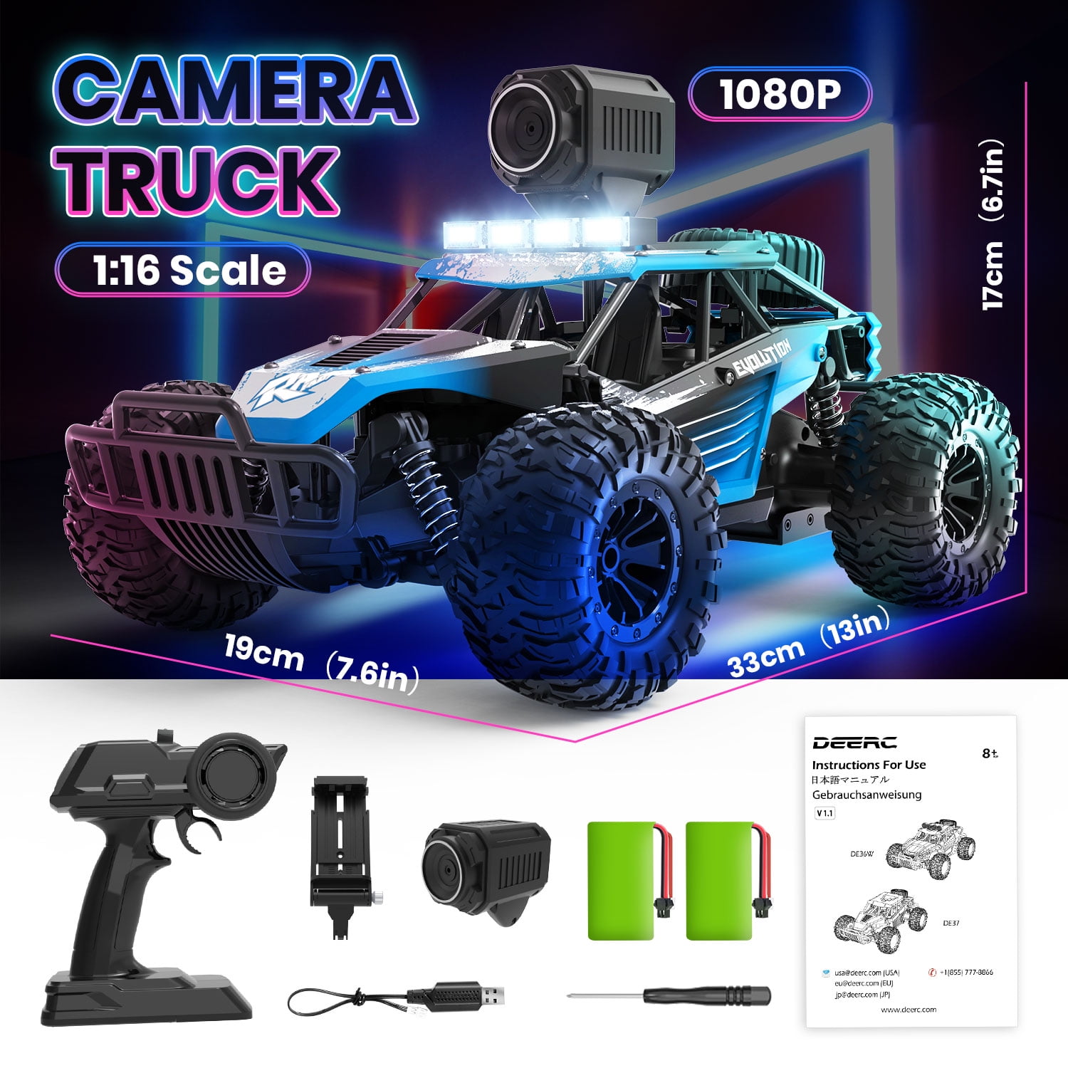 JoyStone RC Car with 1080P FPV Camera, 2.4Ghz Remote Control Car, 1:16 Scale Off-Road High Speed Remote Control Truck for Kids Adults 2 Batteries for 60 Min Play, Blue