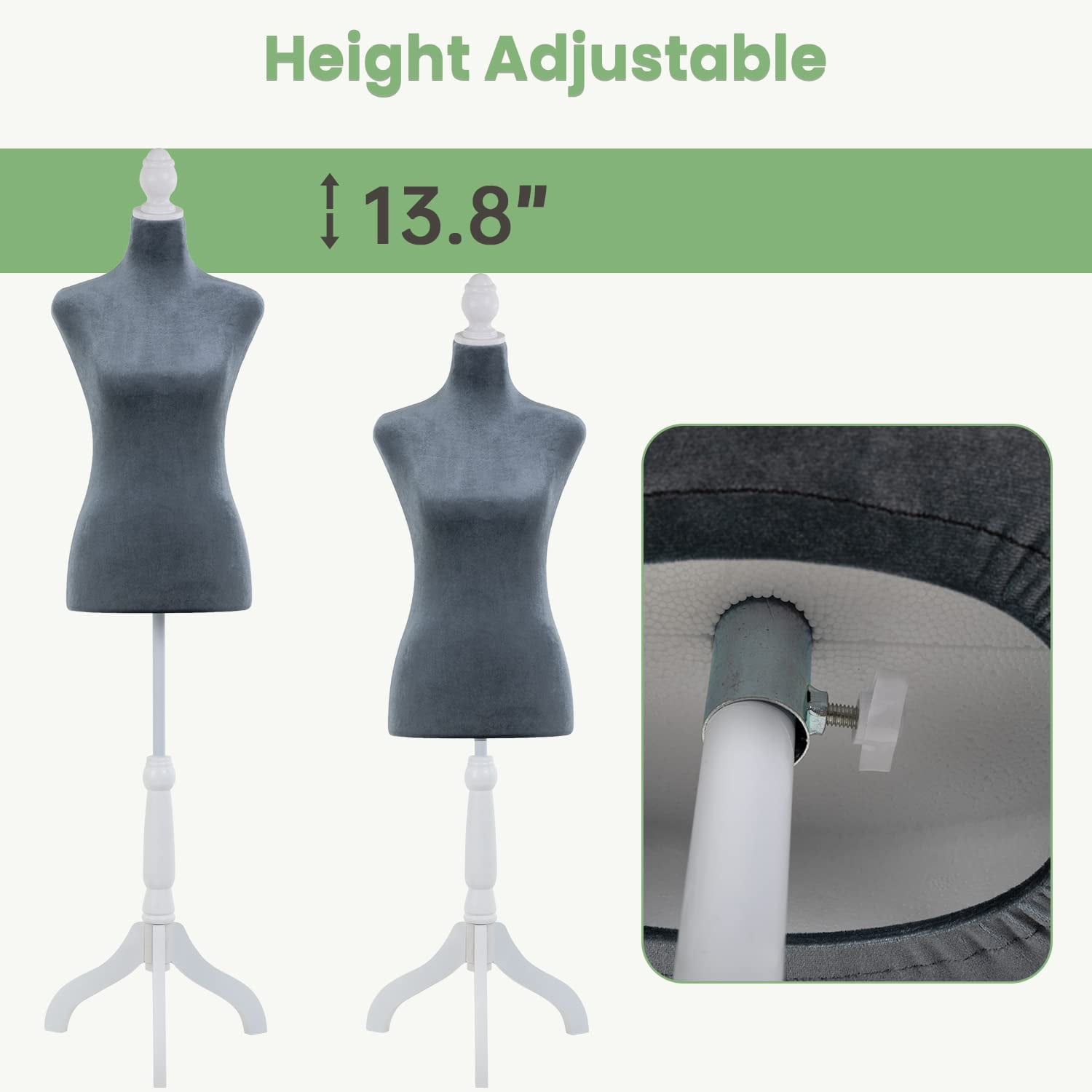 Mannequin Body Female, Dress Form Mannequin Torso Manikin with 49.6-63.5 inch Height Adjustable Wooden Tripod Stand, High Density Foam Portable Display Mannequin for Sewing Dress Display, Grey
