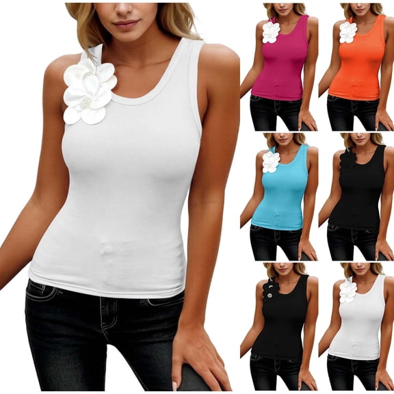 Hesxuno Women Fashion Tank Top Slim Fit Casual Sleeveless Tees Crew Neck Flower Applique Cami Tops Summer Solid Casual Tanks Hot Pink S