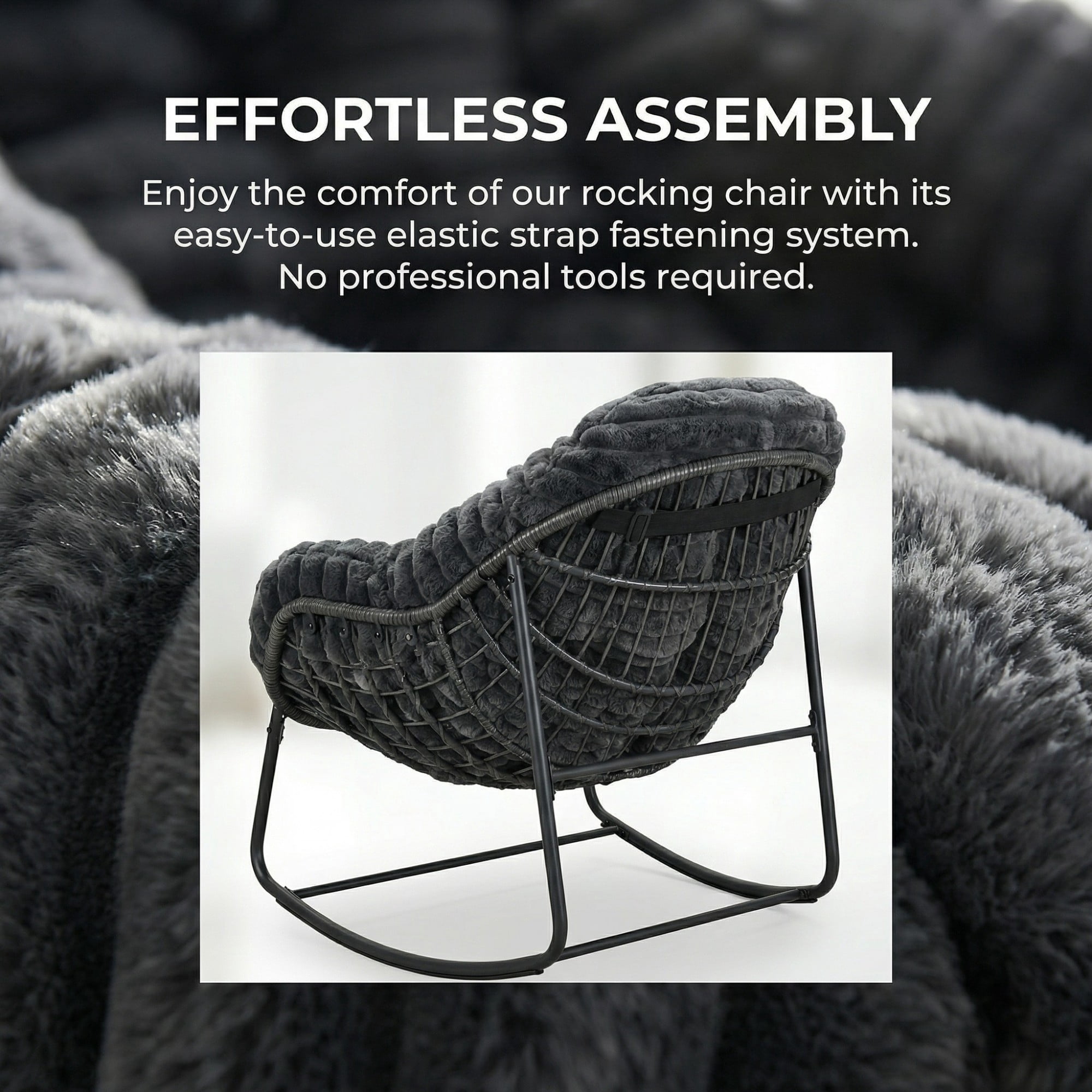Outdoor Papasan Rocking Chair, Oversized Egg Chair with Cushion, Wicker Rattan Patio Rocker, Indoor Outdoor Lounge Chair for Porch Garden Living Room, Dark Gray