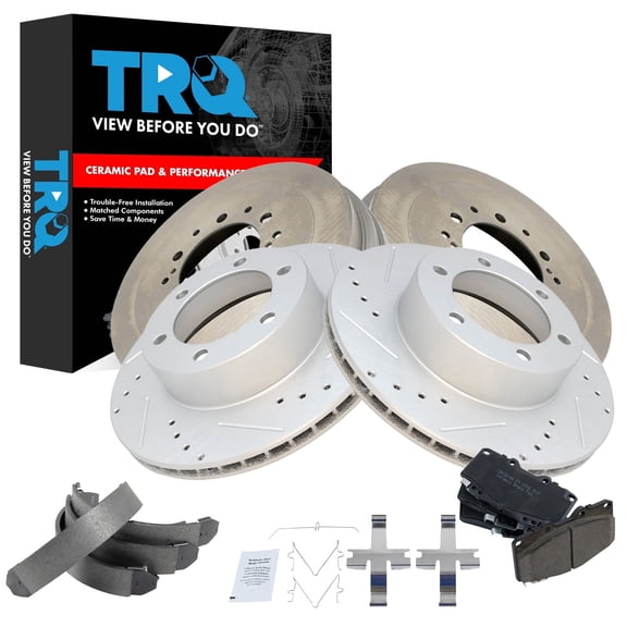 TRQ Front & Rear Brake Pad & Rotor,Shoe & Drum Kit Premium G-Coated Slotted X Drilled Ceramic Performance Fits 2002 Toyota 4Runner