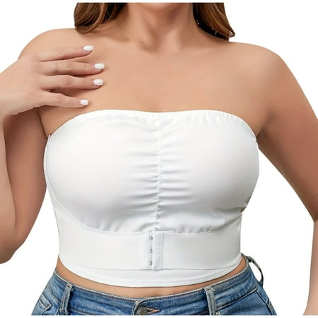 Ousvtion Clearance Deals Women s Plus Size Bras Solid Button Front Bandeau Bra Strapless Wireless Bralette No Underwire Tube Tops Mesh Breathable Underwear White 3X-Large
