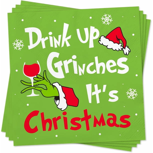 Divertidas servilletas de cóctel navideñas, paquete de 50 servilletas de papel para bebidas Grinch, suministros para fiestas navideñas Grinch, decoraciones de mesa para el hogar navideño, 3 capas, 6,5