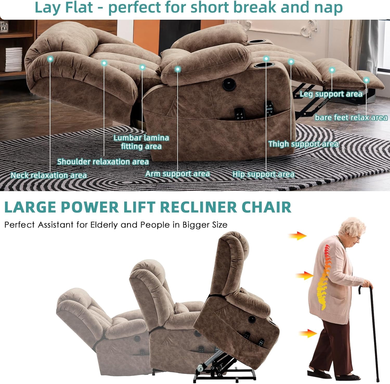 MEETWARM Oversized Dual Motor Lay Flat Power Lift Recliner Chair for Big Man with Heat Massage, Large Sleeping Electric Recliner with Extended Footrest, Lumbar Pillow, USB & Type-C Ports, Plush-Brown