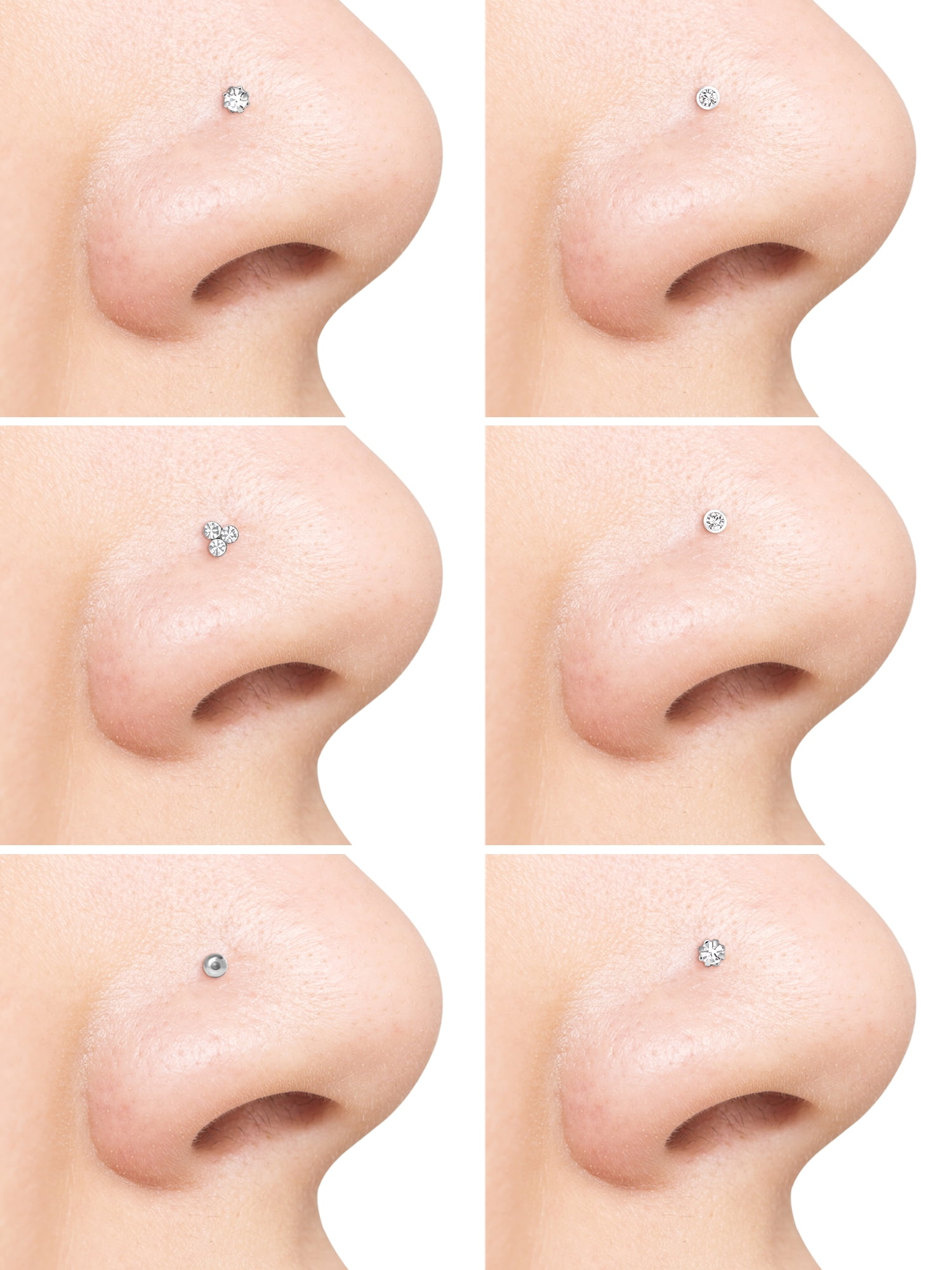 Women's Stainless Steel L-Shaped Nose Studs with Clear Crystal Value Pack