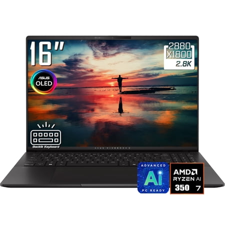 ASUS Vivobook S16 AI Laptop, 16" 3K 2880 x 1800 OLED 120Hz Display, AMD Ryzen AI 7 350, WiFi 6E, Backlit KB, FHD IR Webcam, Win 11 Home(16GB DDR5 RAM - 512GB SSD)