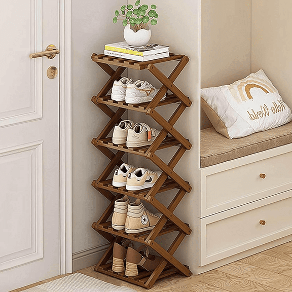 6-Tier Foldable Bamboo Shoe Rack, Narrow Brown Entryway Shoe Storage Organizer for Hallway, Closet, Small Space