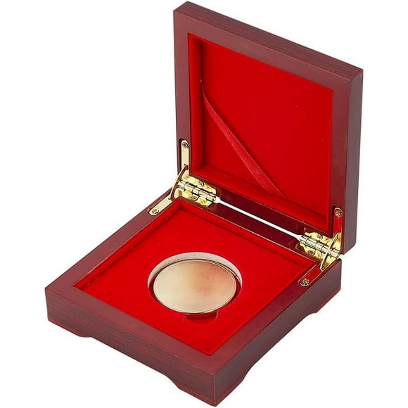 Challenge Coin Wood Presentation Box Dark Red Square with Velvet Inside for 1.57inch Coin or Awards Wooden Commemorative Coin Storage Box with Magnetic Clasp(5.55x3.98x1.4inch)