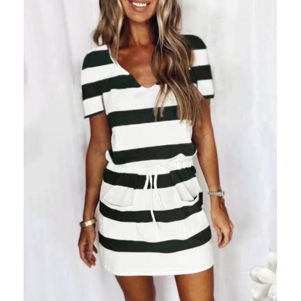 Txlixc Vestido de bloque de color para mujer, una pieza de manga corta con cuello en V a rayas para adultos con cordón, bolsillo Txlixc Estilo de ocio
