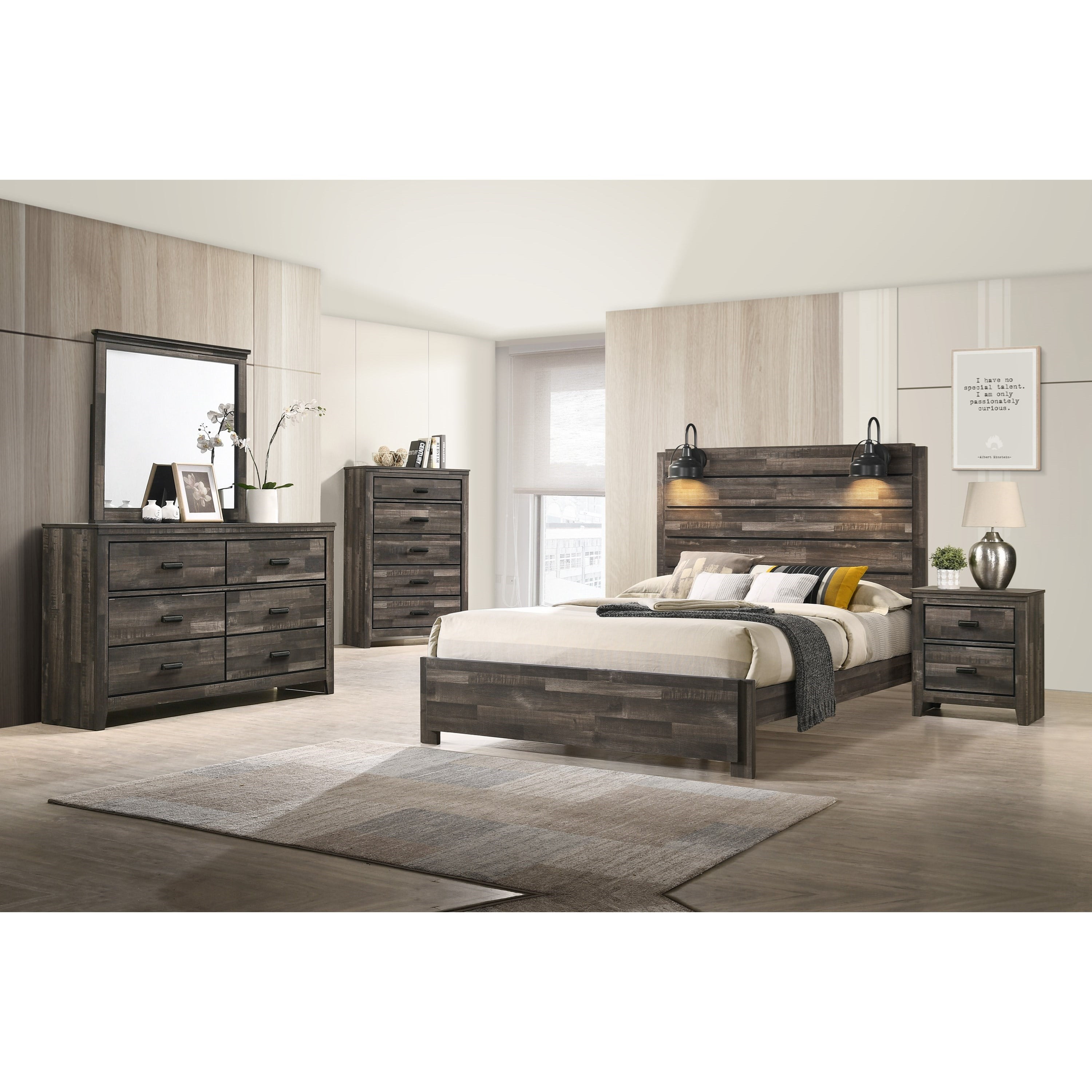 Contemporary Rustic Brown Finish Full, Full Size Bed And Dresser