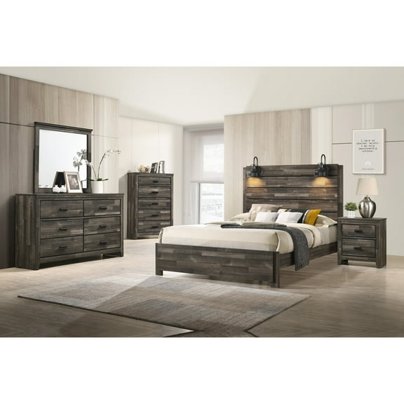 Contemporary Rustic Brown Finish King Size 4Pc Panel Built in Light Headboard Bed Dresser Mirror Nightstand Set Wooden Bedroom Furniture