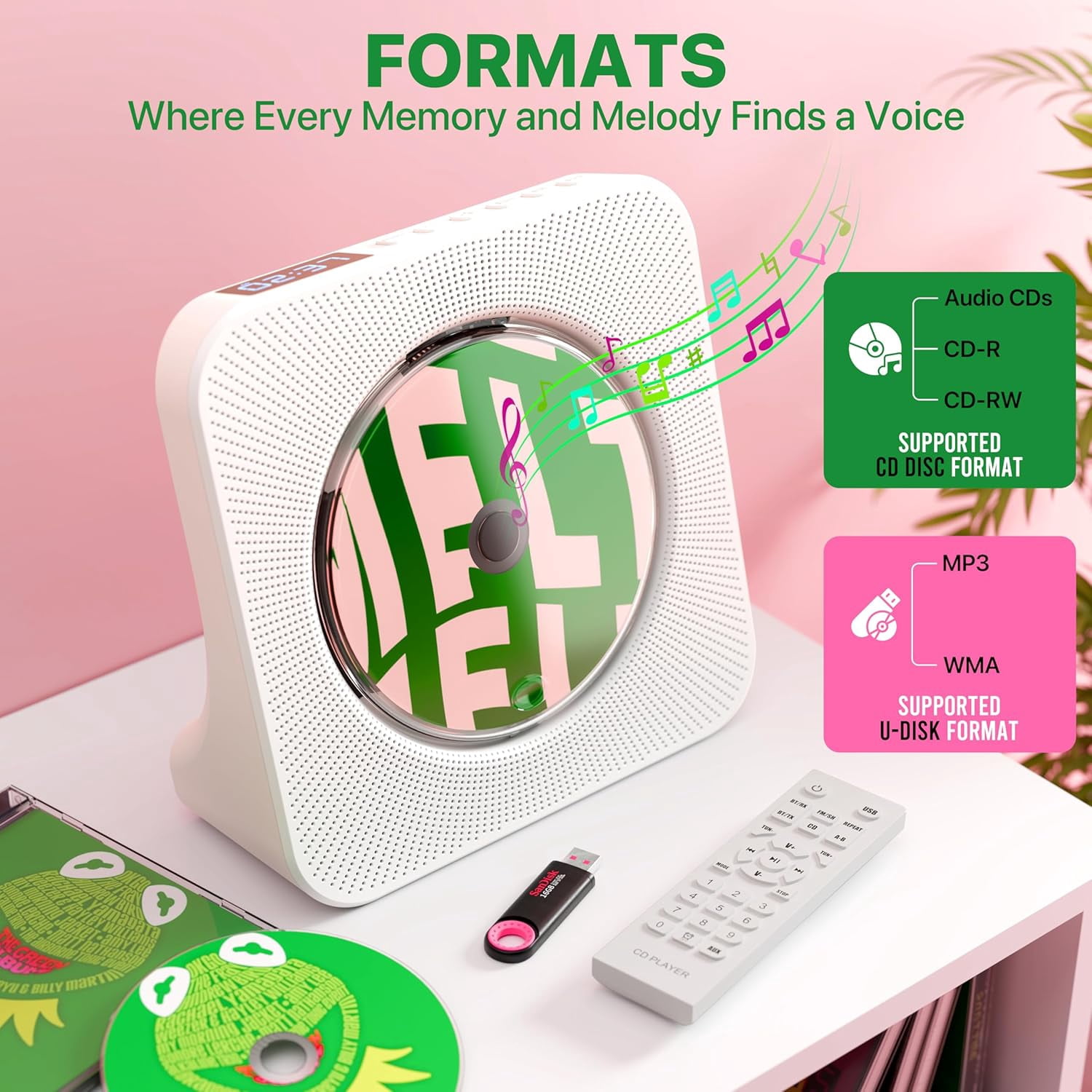 Portable CD Player for Home, Desktop with Speakers, Gift for Mom, Combo with Bluetooth/FM Radio/Stereo Sound/Remote Control/USB Drive/AUX/Timer/Repeat