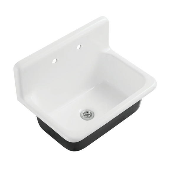 Kingston Brass Petra Galley KGCKWS3020101 Cast Iron Single Bowl Wall Mount Kitchen Sink with 2-Hole Drain and Strainer, White/Polished Chrome