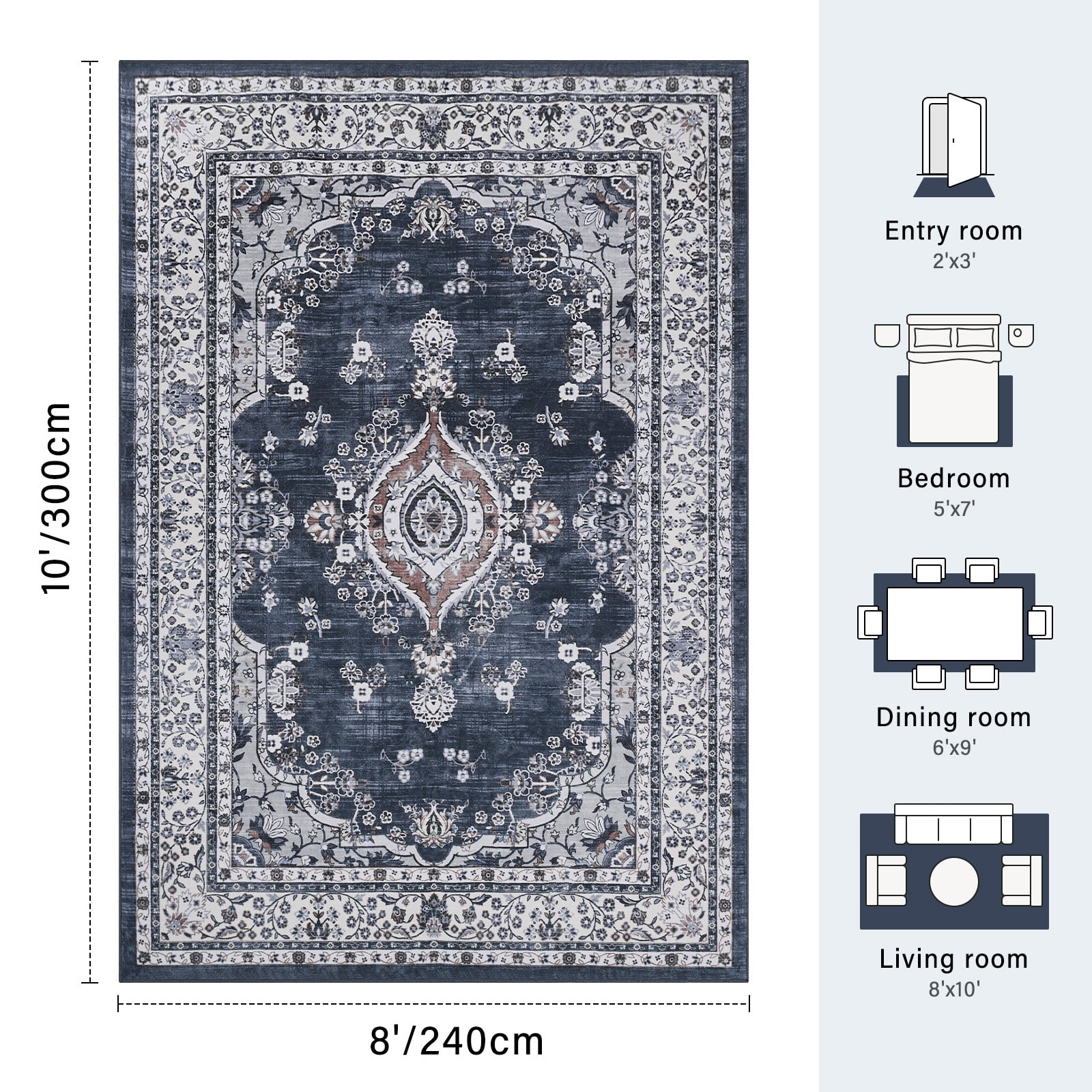 8x10 Area Rugs for Living Room Washable, Medallion Boho Non Slip Rug- Oriental Traditional Farmhouse Carpet for Bedrooms ,Dining Room, Home Office.