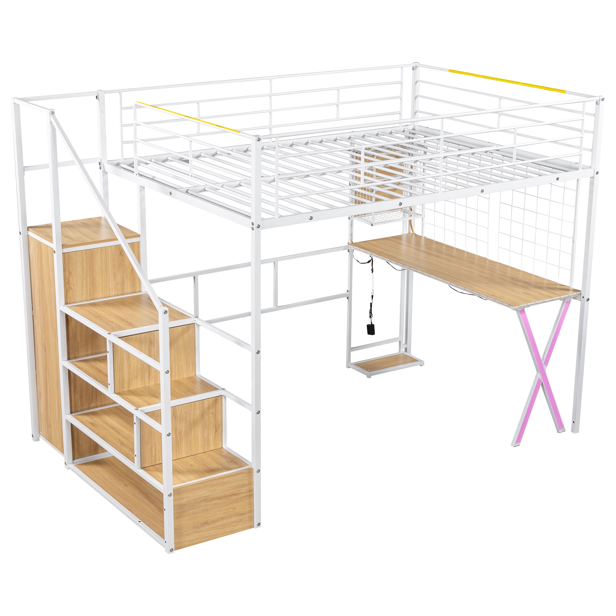 MAYEERTY Full Size White Metal Loft Bed - Built-in Work Station, Wardrobe, Storage Staircase & LED