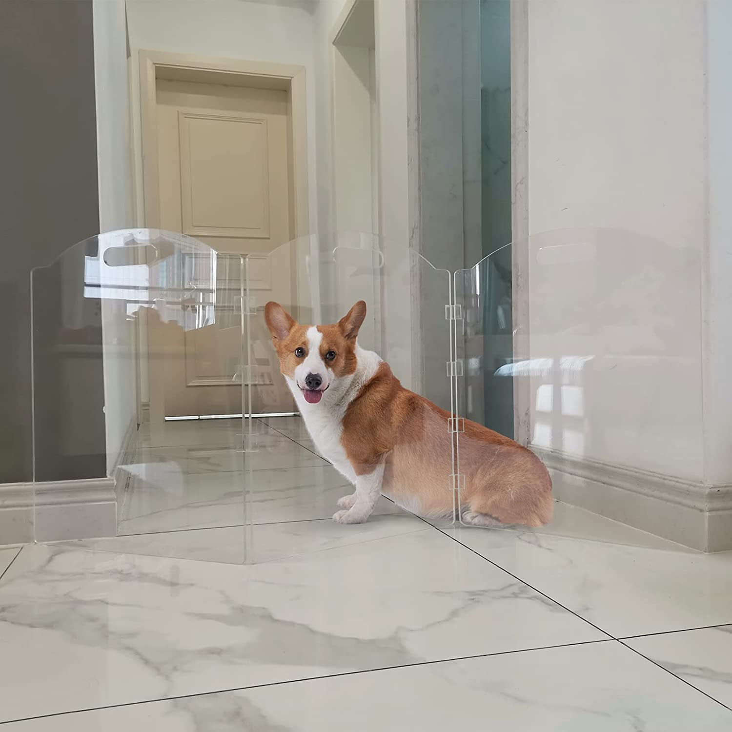 Clear Acrylic Freestanding Dog Gates for The House – Folding 3-Panel Pet Gates for Doorways, Indoor Stairs, and Hallways, Transparent Barrier for Dogs, Puppies, and Cats