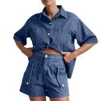 Women's Denim Shorts Outfits, Short Sleeve Button Shirt High Waisted Shorts Jean Suit, Loose Casual Two Piece Denim Sets Linen Sets for Lady 2 Piece Pants Dark Blue M