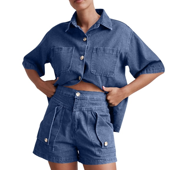 Gfyviroh Women 2 Piece Denim Sets Button Open Front Short Sleeve Shirts and Button/Drawstring Shorts Sets Summer Comfortable Pockets Outfit Sets