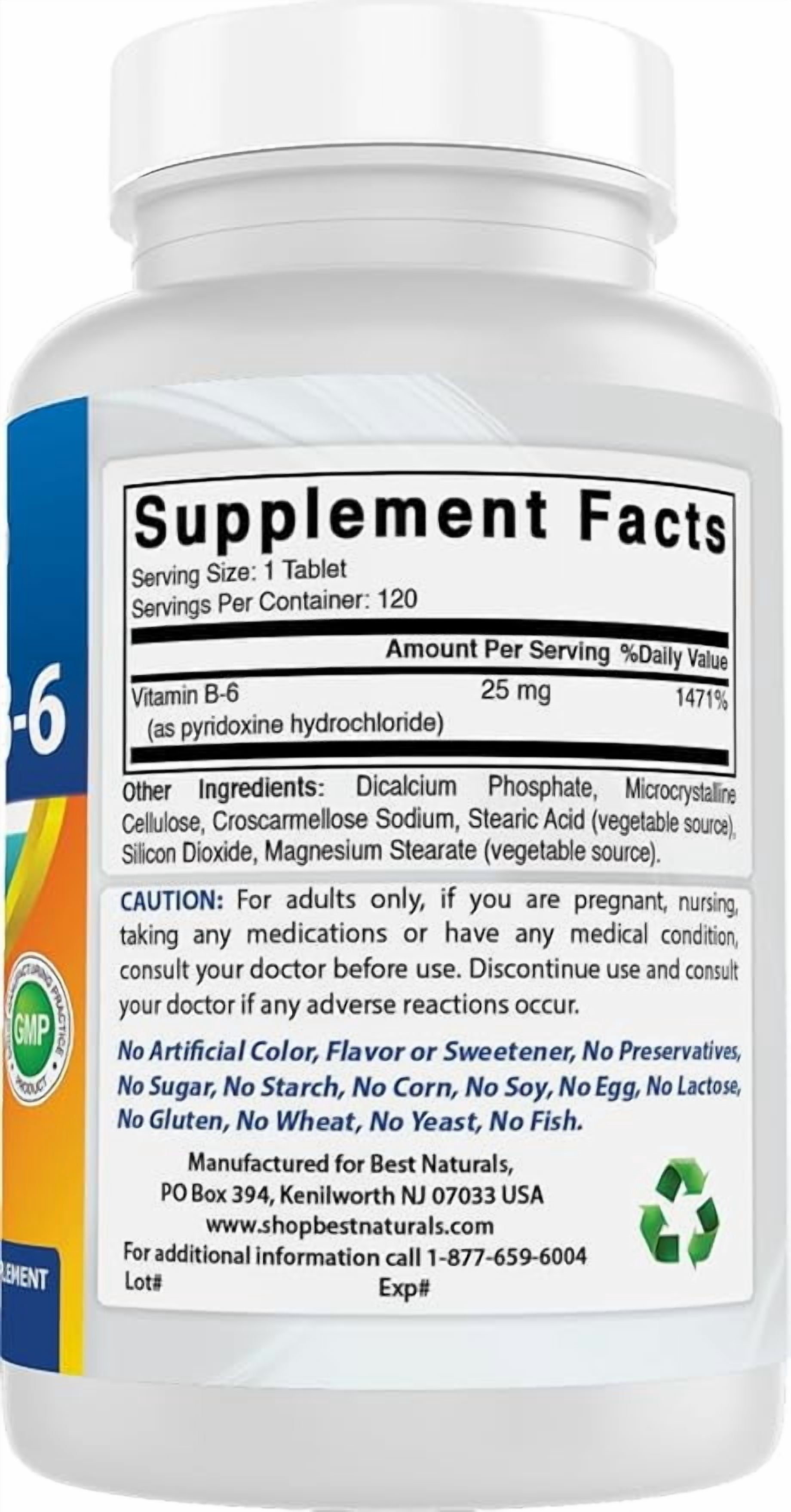 Best Naturals No Lactose, Vitamin B6, 25mg, 120 Tablet Count