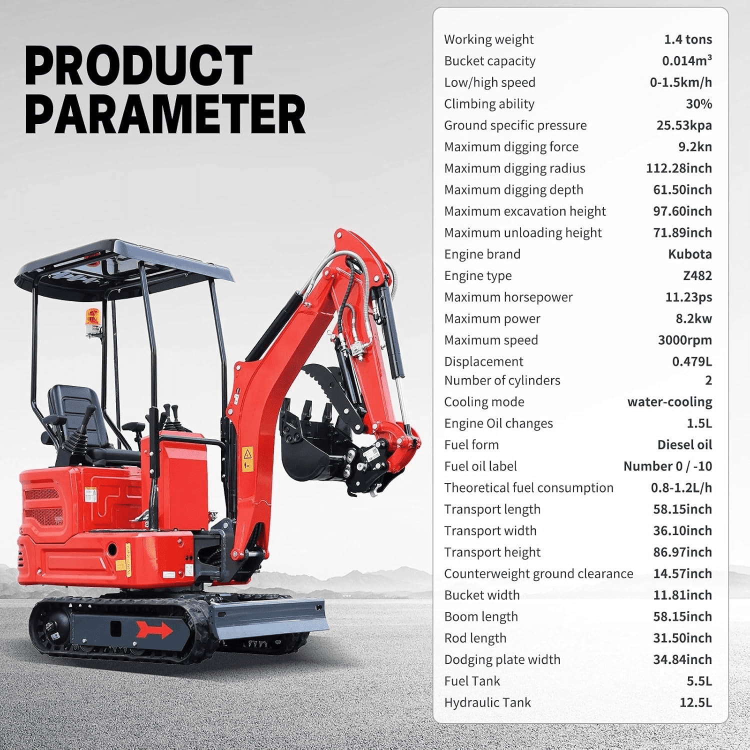 MachP 1.4-Ton Mini Excavator – Kubota Z482 Diesel Engine, 11.4HP, Full Hydraulic Pilot Control, 2800lb US In-Stock for Tight Space Construction, Landscaping, Farming,EPA Certified
