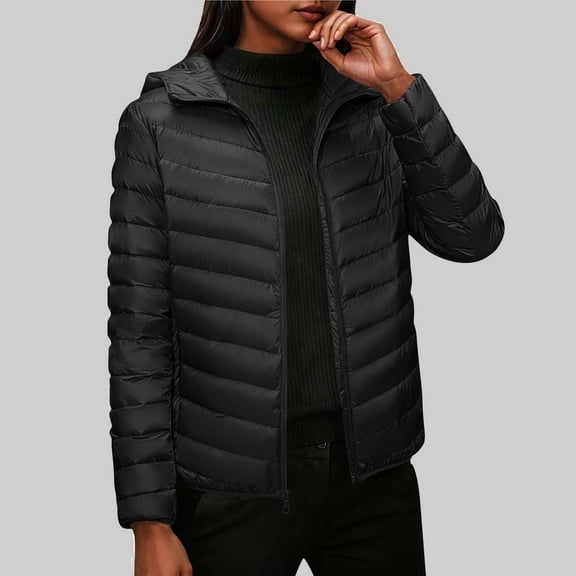 QUNYINEY Women's Puffer Jacket Lightweight Zip Up Black Windbreaker with Hood Long Sleeve Pockets Loose Fit Coat Women
