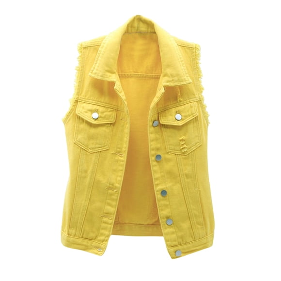 HBFAGFB Vest for Women Lapel Button Down Sleeveless Denim Jacket Loose Top with Pockets Yellow Size L