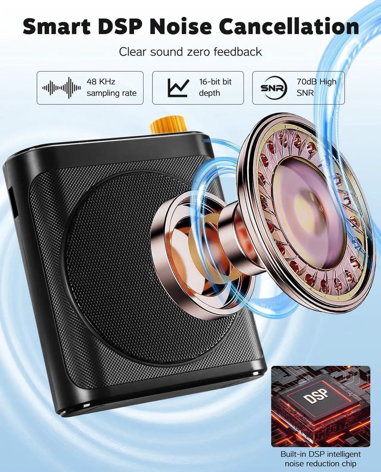 15W Wireless Voice Amplifier with 2 Magnetic Lavalier Mics & Noise Reduction - Bluetooth 5.3 PA System for Teachers, Tour Guide, Yoga - 15H Rechargeable Battery, Waist-Mount Design (White) Black