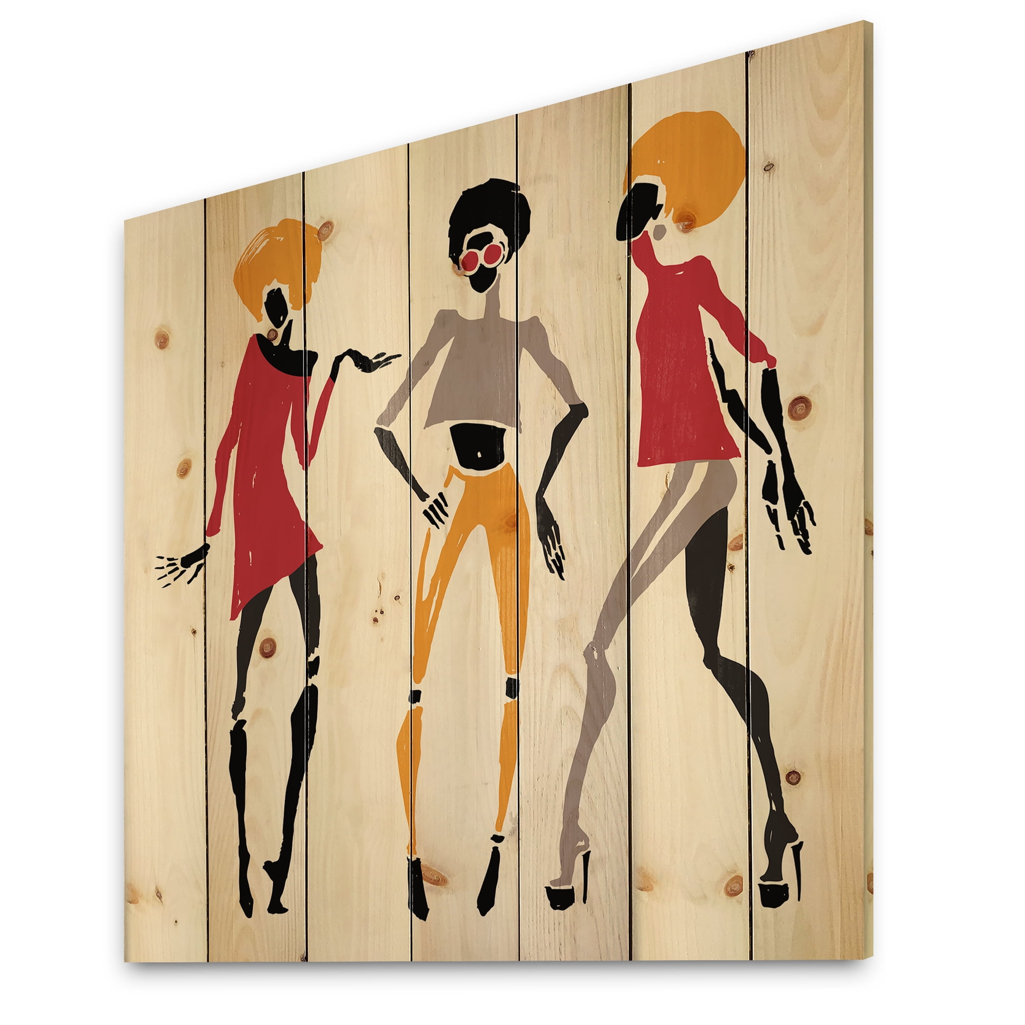 Designart 'African American Women Silhouettes Red and Yellow I' Modern Print on Natural Pine Wood