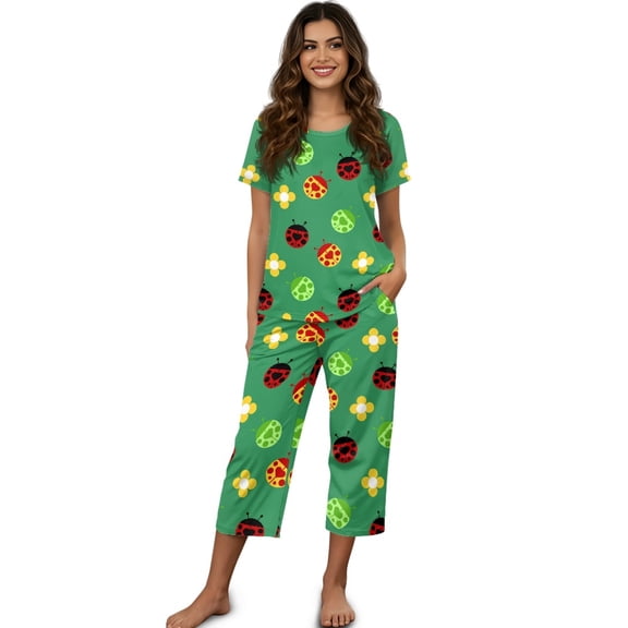 DISNIMO Ladybug Flower Printed Women's Short Sleeve Pajama Sets Soft Loungewear 2 Piece Pjs Set Summer Sleepwear with Pockets, S