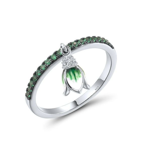 Santuzza Sterling Silver Dangle Green Enamel Tulip Green Spinel Cubic Zirconia Beaded Ring for Women