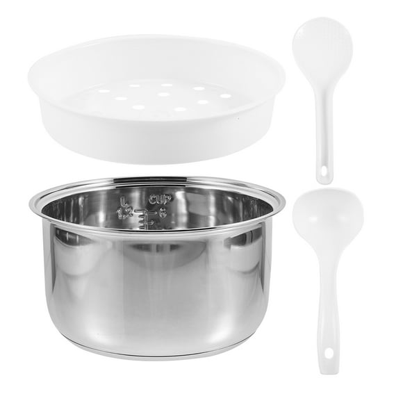 1 juego de repuesto de olla interior de acero inoxidable para olla arrocera con pala para arroz y cesta para cocinar al vapor, olla eléctrica universal antiadherente de 4 l.
