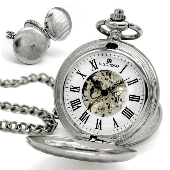 VIGOROSO Vintage Steampunk Mechanical Pocket Watch Double Hunter Steel Fob Chain Watch Men Women Gifts