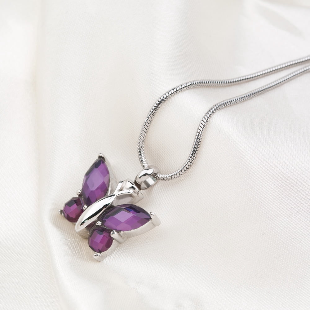 Anavia Steel Purple Crystal Butterfly Cremation Necklace Keepsake Urn Memorial Jewerly With Free Gift Box