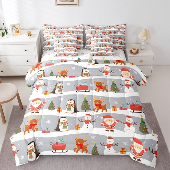 Feelyou Santa Claus Twin Bedding Sets 7-Piece for Teen, Kawaii Cartoon Penguin Bedding Comforter Set, Merry Christmas Reversible Sheet Sets, Breathable Home Decor