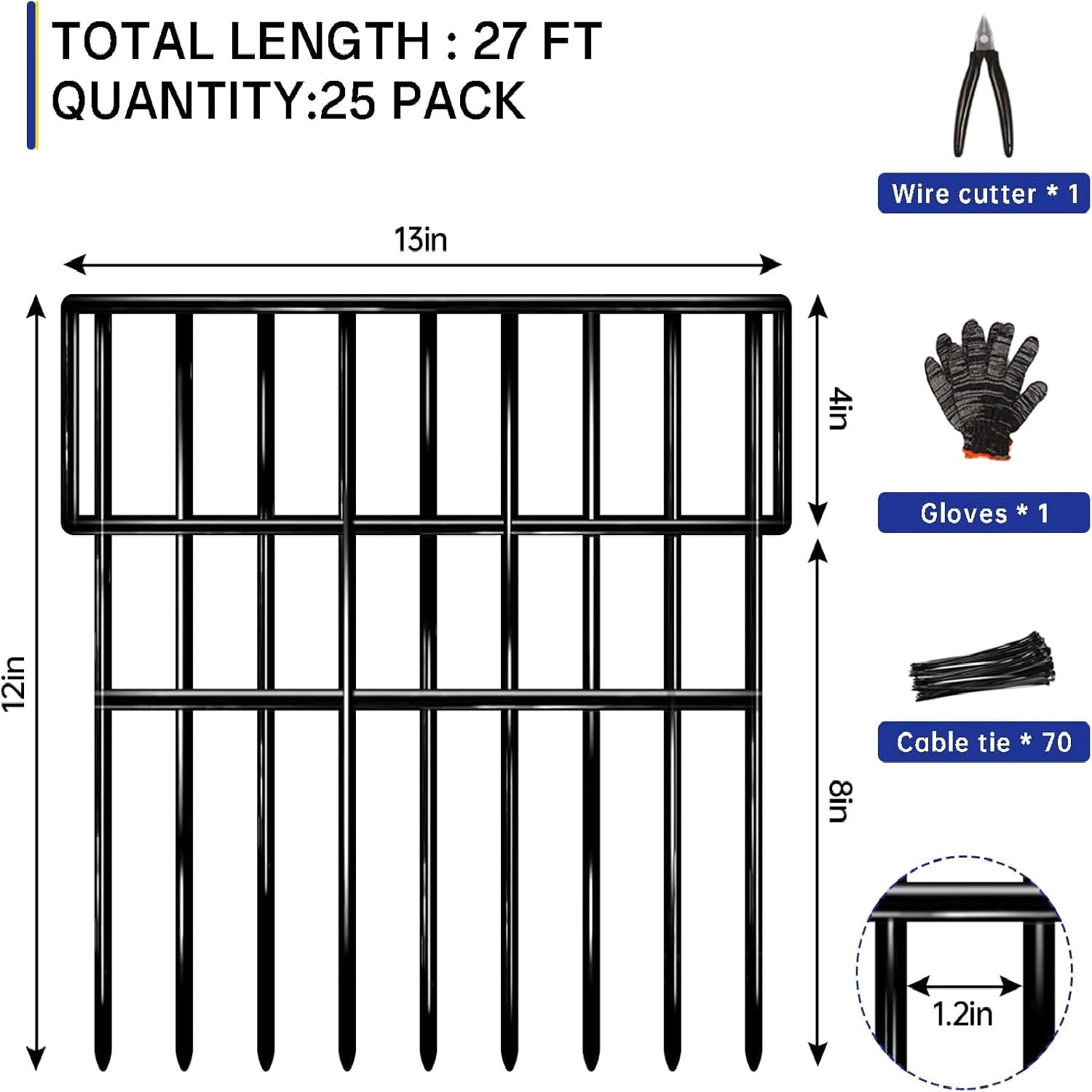 25 Panels Animal Barrier Fence, 27 Ft(L) X 13 in(H) No Dig Garden Edging Border for Yard, Anti Digging Defense Barrier, Metal Outdoor Decorative Garden Fences for Dogs, Rabbits