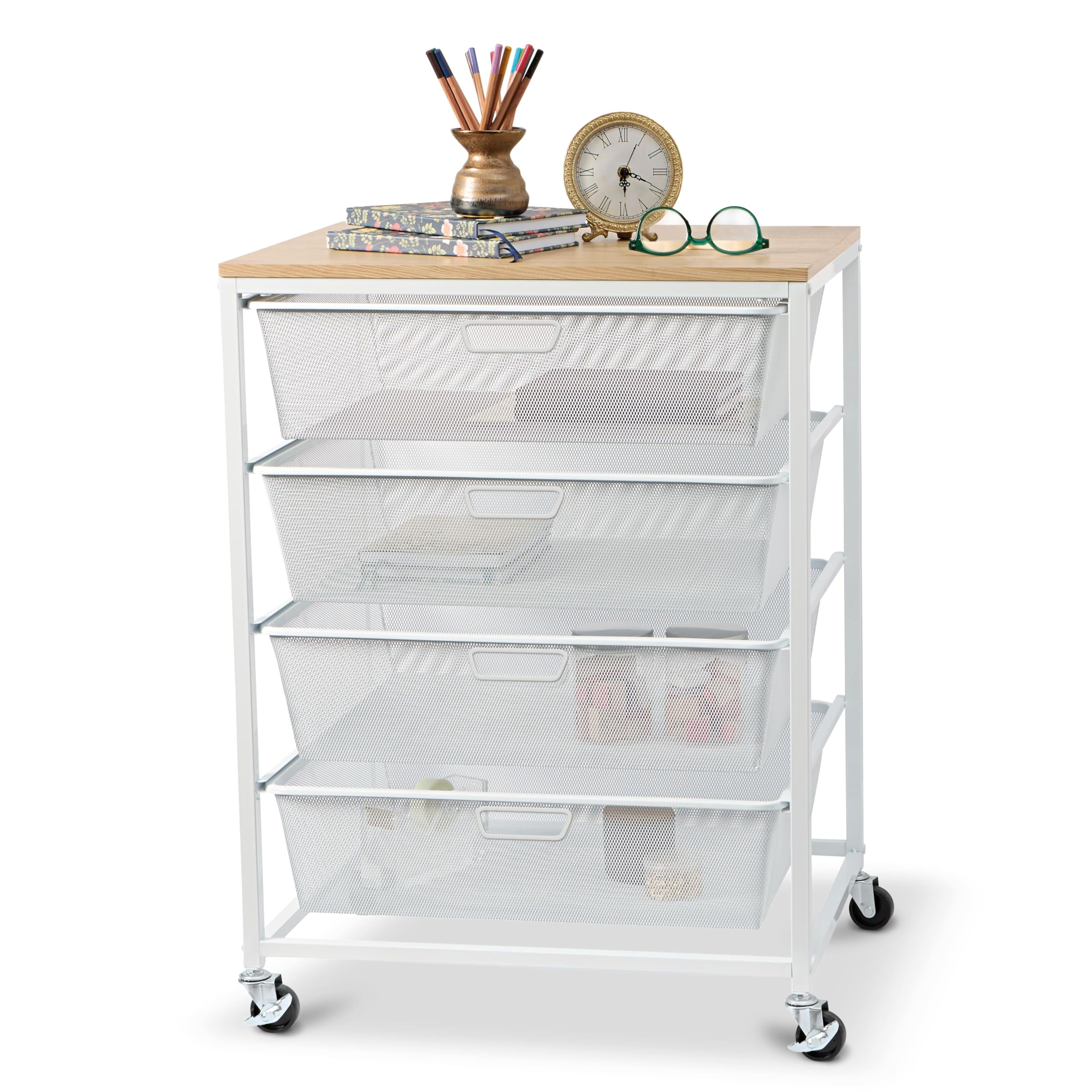 Metro White 4 Drawer Rolling Cart by Simply Tidy - Mobile Storage Organizer with Mesh Drawers & Woodgrain Top - Large Workspace for Craft - Office & Home Organization - 1 Pack
