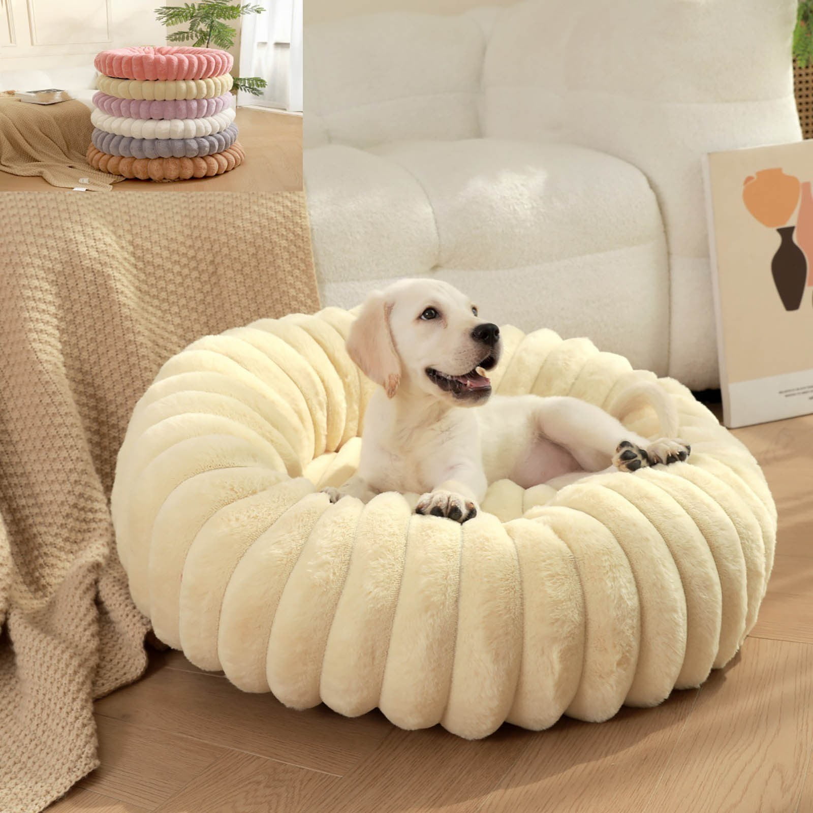 Ranliy Small Dog Bed, Dog Beds for Small Dogs with Corduroy Fleece & Anti Slip Bottom, Round Washable Furry Puppy Beds, Cat Beds for Indoor Cats, 16"/20"