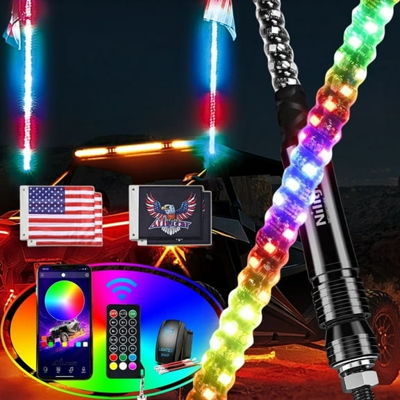 Nilight 2Pcs 5Ft RGB Led Whip Light, Remote & App Control w/DIY Chasing Patterns Stop Turn Reverse Light Safety Antenna Lighted Whips for ATV UTV Polaris RZR Can-am Dune Buggy Jeep