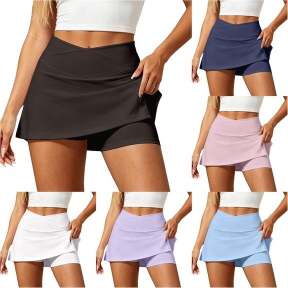 Wxolcjlv Womens Solid Wrap A Line Mini Skort V Waist Stretch Fit Sport Built‑In Shorts Tennis Bottoms