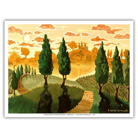 Tuscan Sunset - Tuscany Italy - Italian Vineyards Cypress Trees - From an Original Watercolor Painting by Robin Wethe Altman - Master Art Print (Unframed) 9in x 12in