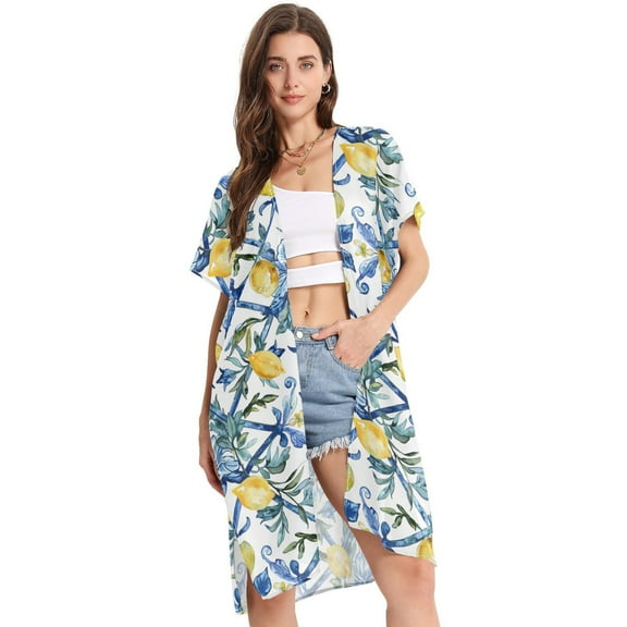 Beach Vacation Clothes Kimono Cardigan Loose Swimsuit Cover Up for Women Lemon and Plant S