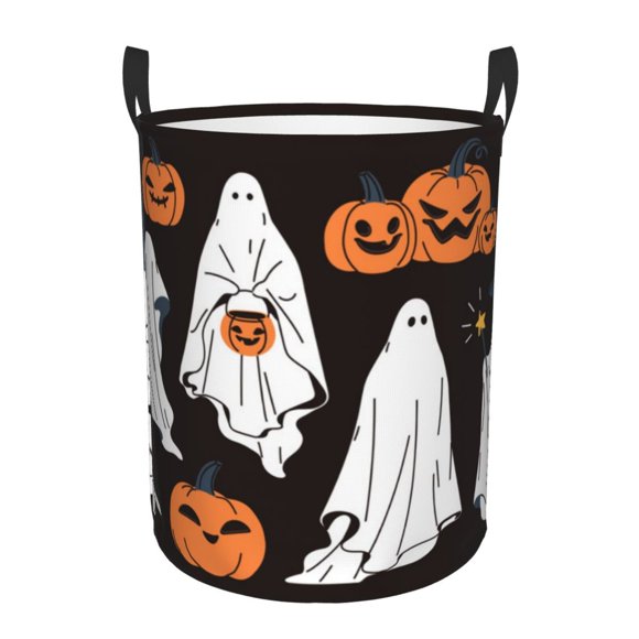 Balery Halloween Ghosts And Pumpkins Cesta de ropa redonda con asas, impermeable, independiente, para ropa, juguetes, dormitorio y familia-Small